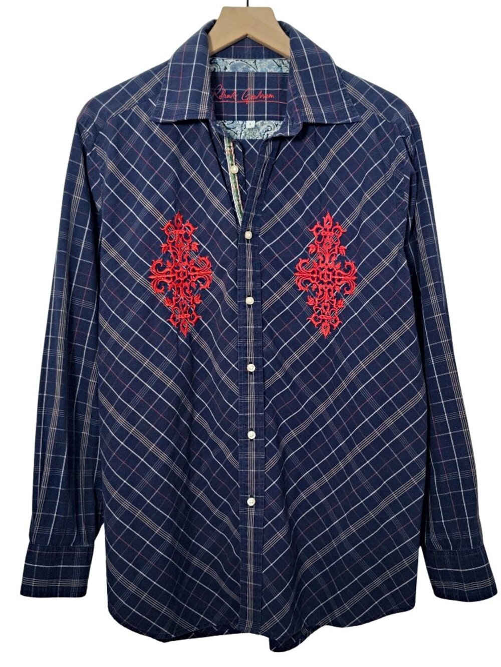 Robert Graham Mens Embroided Button Up Shirt Navy Plaid Cotton Flip Cuffs Size L